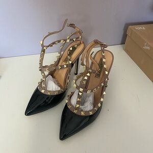 Black Patent Leather Heels with Gold Studs